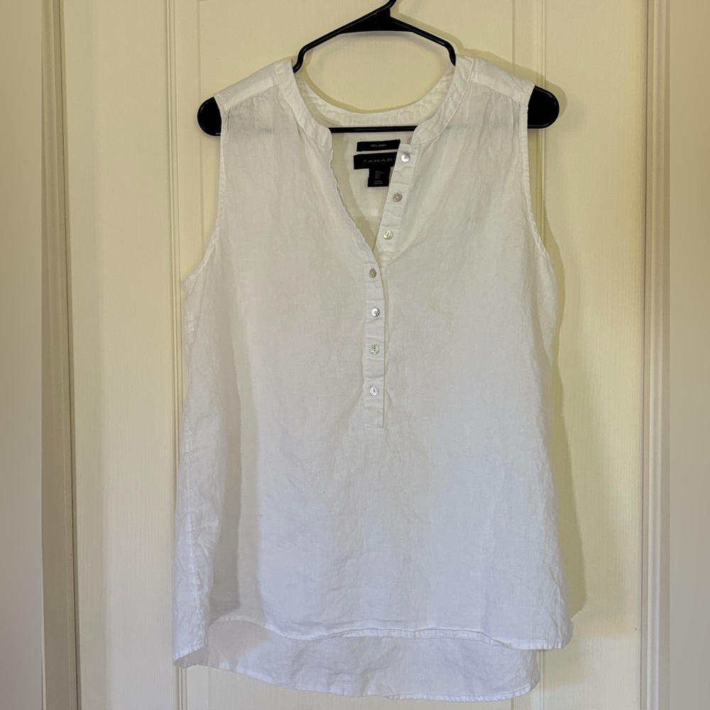 Tahari 100% Linen Sleeveless Henley Top Women’s Large White Tank